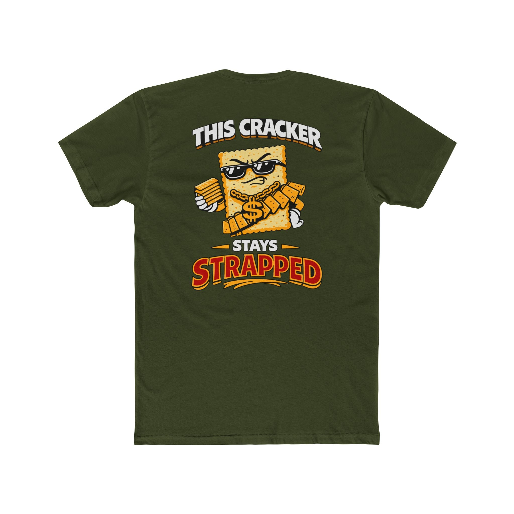 This Cracker Stays Strapped Shirt Funny Food Humor Graphic Tee Snack Parody Shirt Chaos Mall Style Shirt