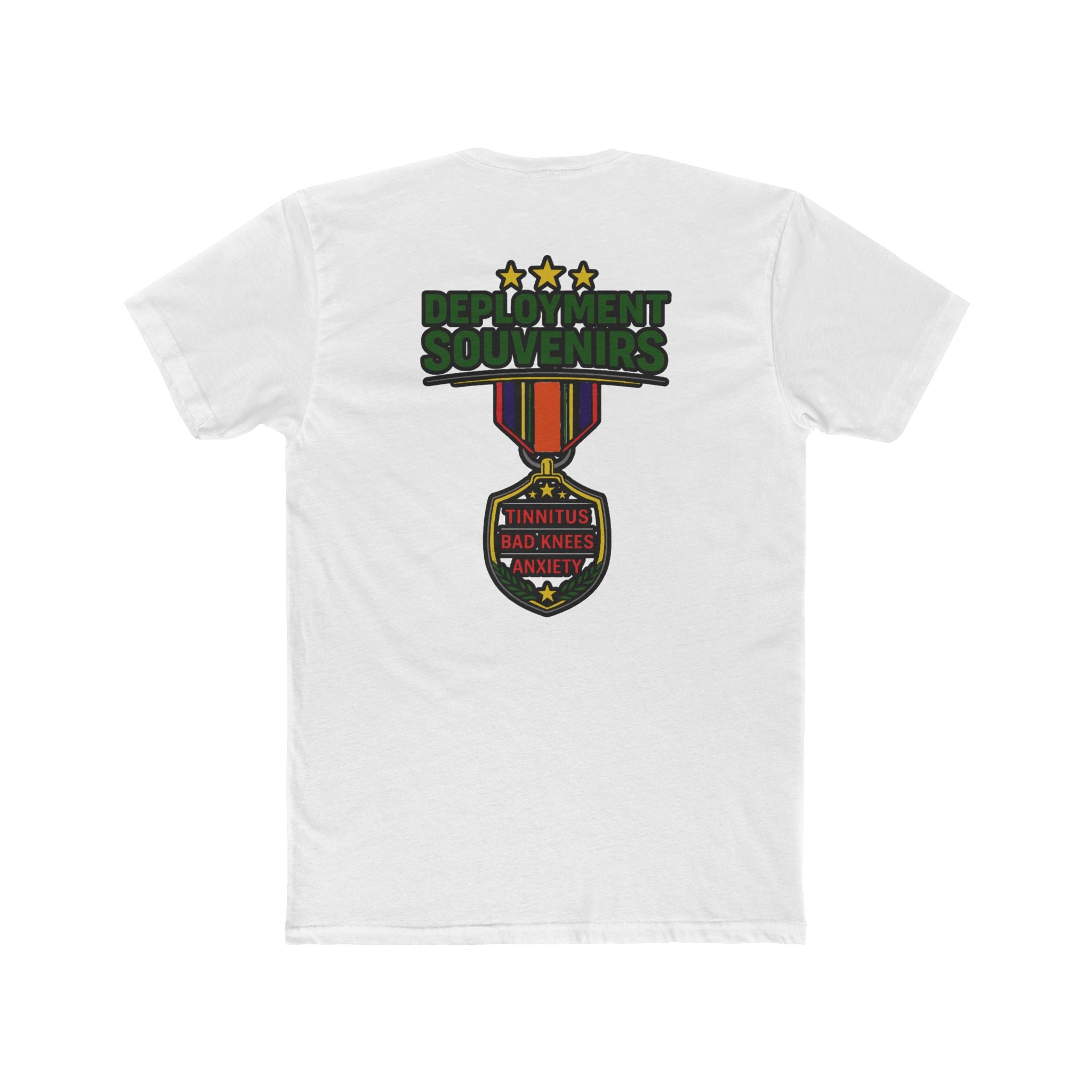 Deployment Souvenirs Medal – Veteran Dark Humor Military Tinnitus Anxiety Tee – Funny Dark Humor Graphic Tee | Cure For The Common Tee
